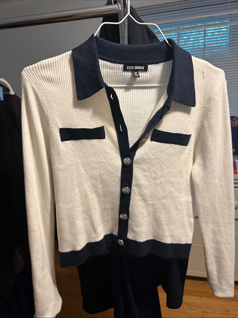 Steve Madden Cream Cardigan with Navy Collar and Trim